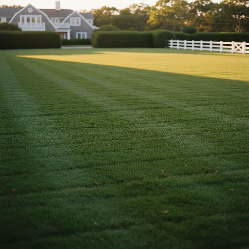 Manicured Hamptons estate lawn at golden hour